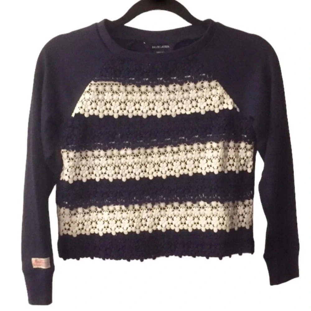 RALPH LAUREN Navy & White Crochet Trimmed Sweatshirt Girl’s Size 8